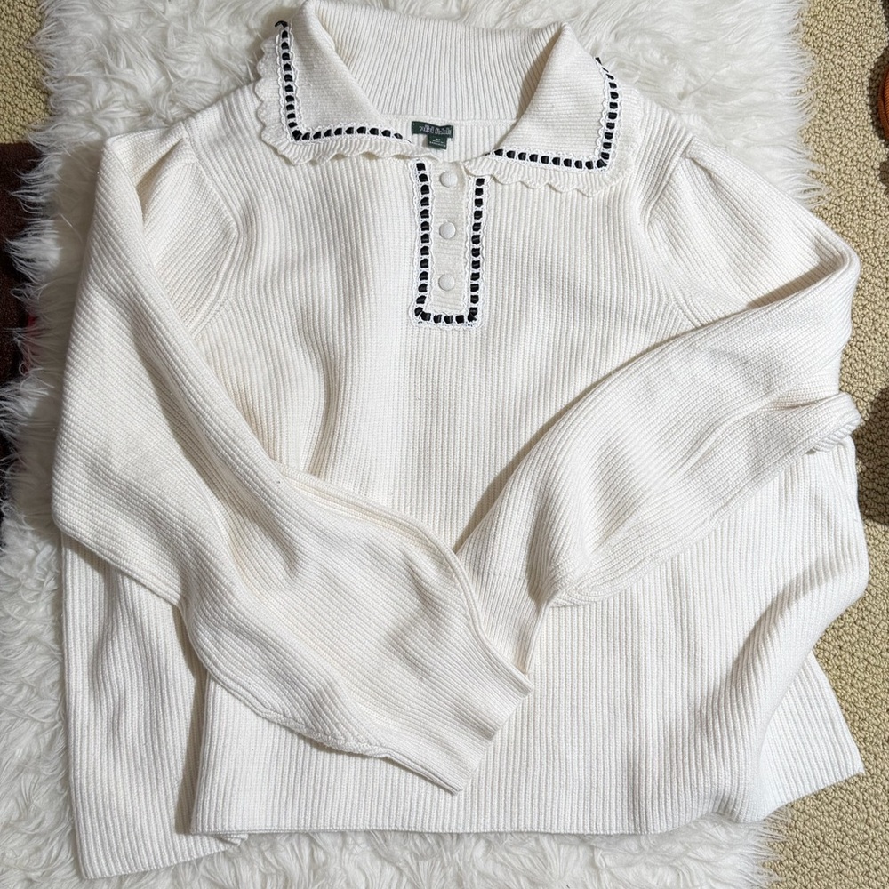 NWT Wild Fable 4X White Sweater with Ruffle Neckline Button down Ribbed